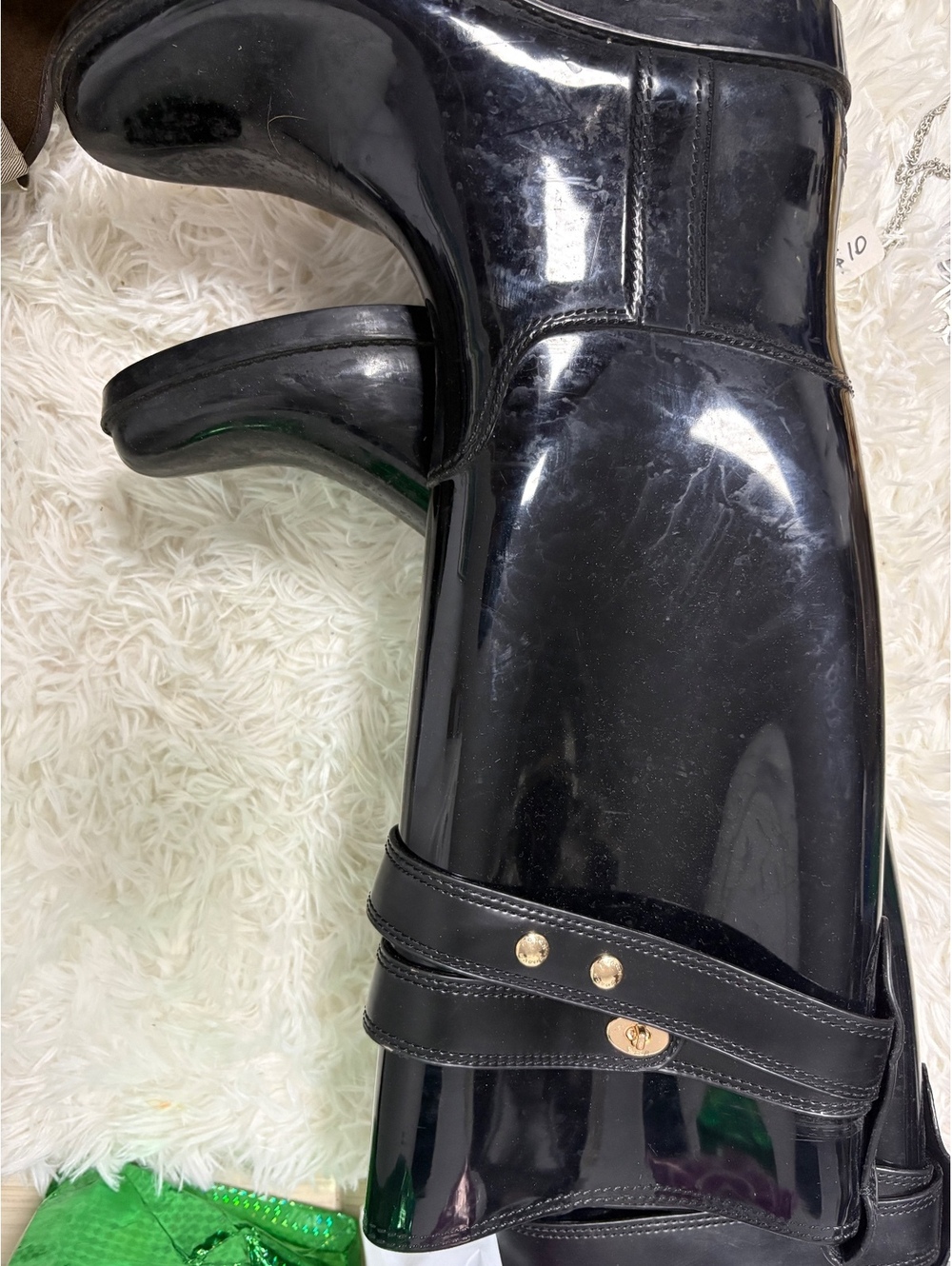 Coach Black Glossy Tall Rain Boots with Gold Hardware Size 8